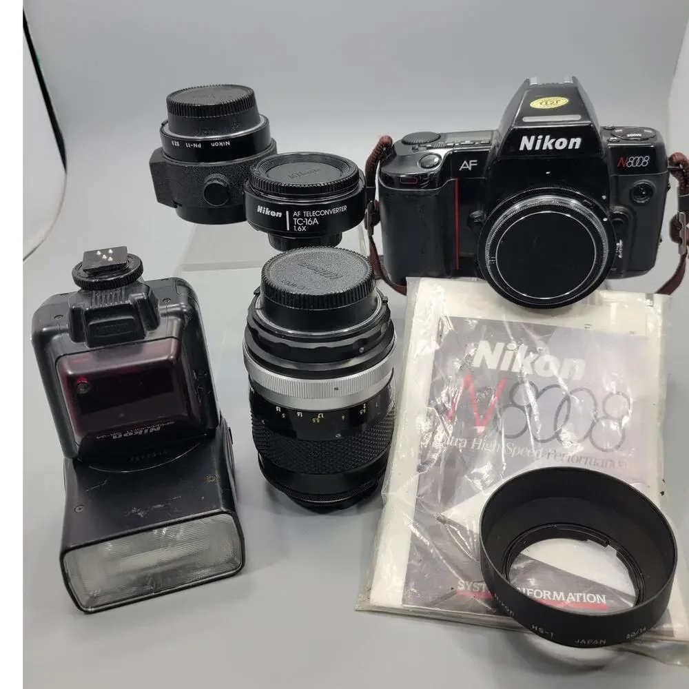 Nikon N8008 35mm Camera SLR Body, Cap, Lens, Hood, Flashes, Extensions + Manual